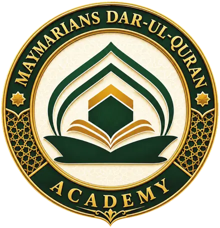 Maymarians Dar-ul-Quran Academy badge: an open book beneath a pointed arch, in deep green and gold